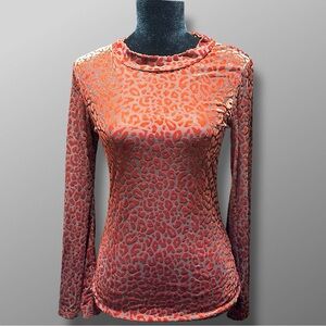 And The Why Y2K Sheer Mesh Leopard Top Bell Sleeve Womens S Stretch Rust Brown